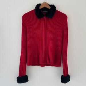 Vtg 90's Red Knit Faux Fur Trim Zip Up Sweater Sz L Tomfoolery Grunge Retro Goth